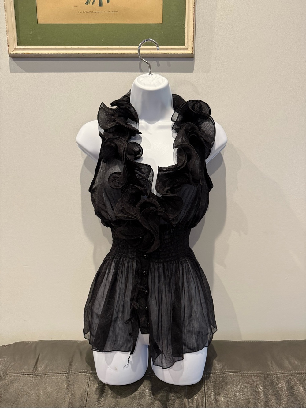 Vintage Black Ruffle Halter Sleeveless Top - Elegant Women's Blouse
